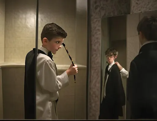 Prompt: 13 year old boy in a tuxedo casting a crazy magic spell from the outside of a bathroom stall with his magic wand, but the spell he cast happens on the inside of the bathroom stall because he cast the spell on the person inside who was warring a T shirt 
