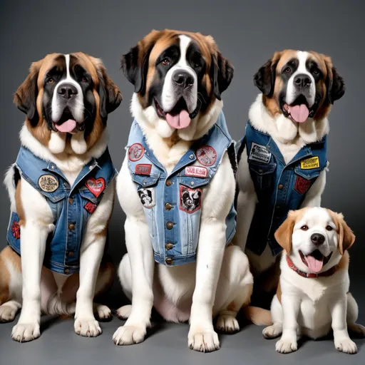 Prompt: st bernard wearing a heavy metal music denim vest with patches in a group of dogs also wearing a heavy metal music denim vest with patches