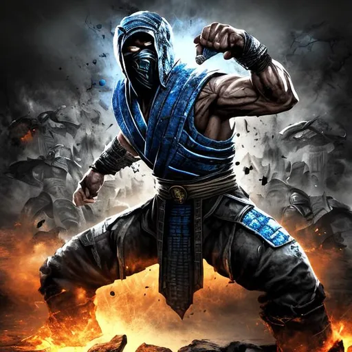 Prompt: mortal kombat sub zero fighting Guns And Ammo ,banged up war hero l splash art explosions
