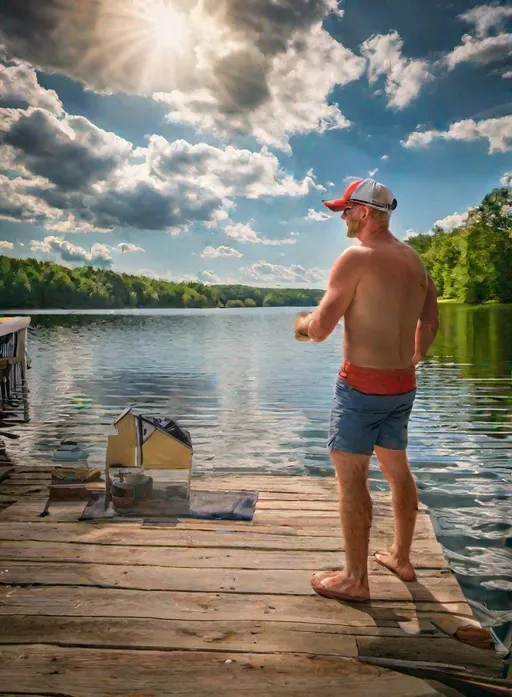 Prompt: long shot scenic professional photograph of country guy with baseball cap in his boxer briefs.  It's a beautiful summer day at his lake house in the  northeastern United States.  Perfect viewpoint, highly detailed, wide-angle lens, hyper realistic, with dramatic sky, polarizing filter, natural lighting, vivid colors, everything in sharp focus, HDR, UHD, 64K.