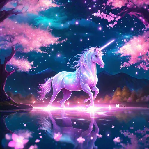 Prompt: A fantasy translucent unicorn that is glowing, on a lake surrounded by cherry blossom trees, beneath the stars, bioluminescent, highres, best quality, concept art