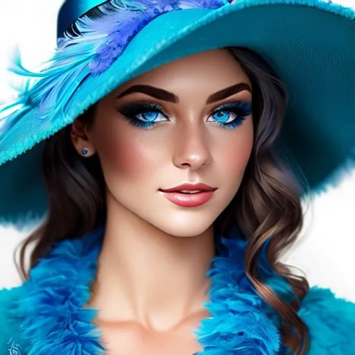 Prompt:  Girl with blue eyes wearing a blue feather boa, and a hat, closeup