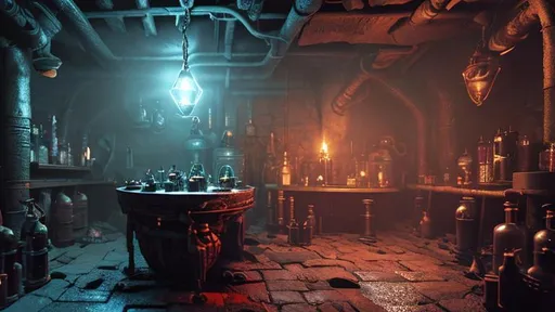Prompt: D&D Evil Alchemist's Underground Research Lab in Dungeon,  Dark Sci-fi Fantasy,  lots of flasks filled with magic liquids, black and cyan color scheme, narrative environment concept art scene, mysterious atmosphere, dramatic dim lighting,  digital art, cryengine render 8 k uhd