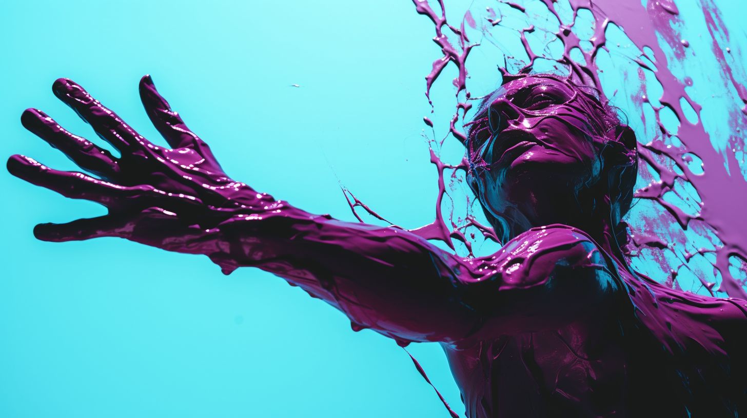 Prompt: the thorny issue of, in the style of psychological phenomena illustrations, purple and cyan, bold shadows, gesture driven, dripping paint, flattened perspective, contrasting backgrounds, rendered as a raw photo