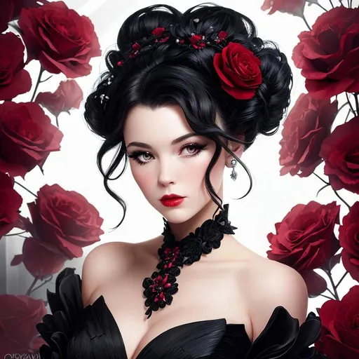 Prompt: Beautiful woman portrait wearing a black evening gown,  black hair, dark eyes, ruby jewelry,elaborate updo hairstyle adorned with flowers, facial closeup