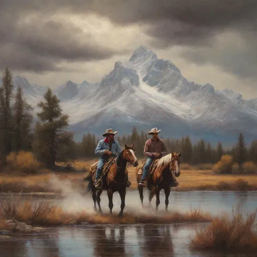 Prompt: Two cowboys riding horses near a lake with a snowy mountain in the background, westernpunk, oil painting, rugged terrain, vintage cowboy hats, dusty atmosphere, dramatic lighting, high quality, detailed horses, scenic landscape, wild west vibes, rustic color palette, atmospheric clouds, detailed boots