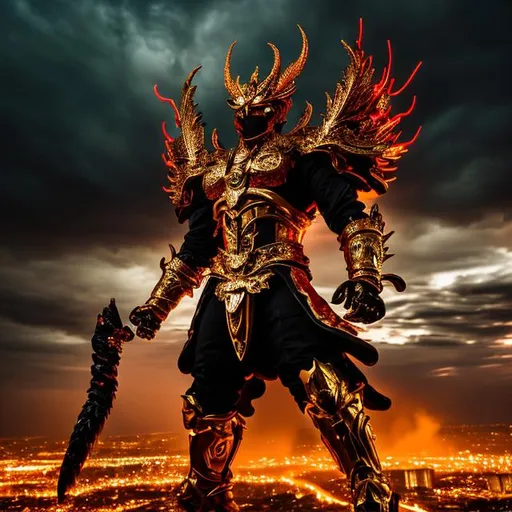 Prompt: (mega detailed) (4x+anime) gold garuda god standing, 100 feet tall, (black and red armor) (Black and red lightning blot imprint) black and red lightning skies. large sword in his hand, burning city behind,
deformed fingers, deformed hands, cropped, worst quality, low quality, jpeg artifacts, out of frame, watermark, signature, deformed, ugly, mutilated, disfigured, text, extra limbs, face cut, head cut, extra fingers, extra arms, poorly drawn face, mutation, bad proportions, cropped head, malformed limbs, mutated hands, fused fingers, long neck, illustration, painting, drawing, art, sketch, long hair, fused limb, wings, morphed face, multiple legs, 