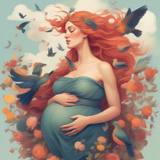 Prompt: A colourful and beautiful Persephone, with her hair being made out of clouds, pregnant and cradling her  with birds in flight around her in a painted style