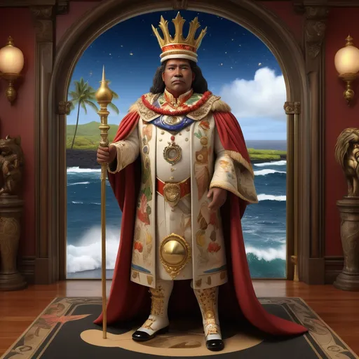 Prompt: "Photorealistic Hawaiian king in royal regalia blended with Victorian formal wear, traditional symbols with brass mechanical elements, ceremonial staff with hidden mechanisms, ancient protective amulets, standing in palace room with maps of stars and ocean currents, volcanic landscape visible through windows --ar 3:4 --s 1000"