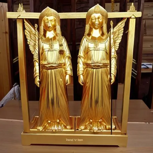 Prompt: make an ark of acacia wood, 45 inches long, 27 inches wide, and 27 inches high. Overlay it with pure gold both inside and out. Make a mercy seat of pure gold, 45 inches long and 27 inches wide. Make two cherubim of gold at the two ends of the mercy seat. Make one cherub at one end and one cherub at the other end. At its two ends, make the cherubim of one piece with the mercy seat. The cherubim are to have wings spread out above, covering the mercy seat with their wings, and are to face one another. The faces of the cherubim should be toward the mercy seat. Set the mercy seat on top of the ark 