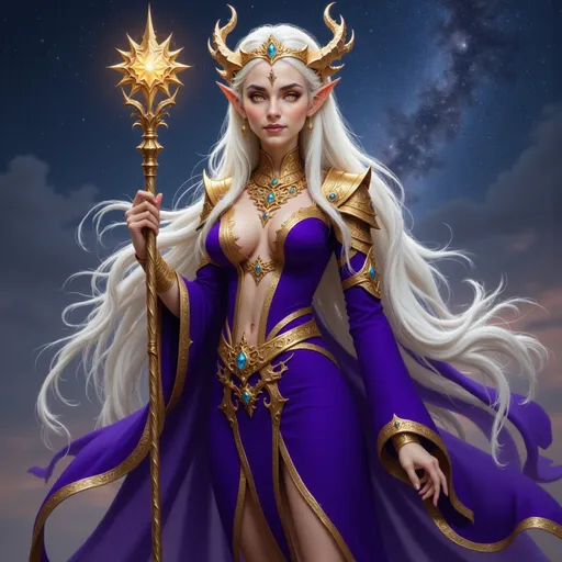 Prompt:  @VITLFRBSebJkkO8huw5E purple clothes, large crown, lots of jewelry, starry sky, staff, magic swirling