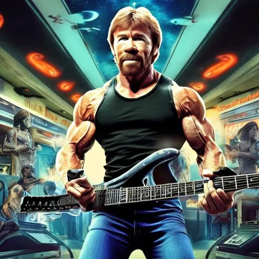 Prompt: Bodybuilding Chuck Norris playing guitar for tips in a busy alien mall, widescreen, infinity vanishing point, galaxy background