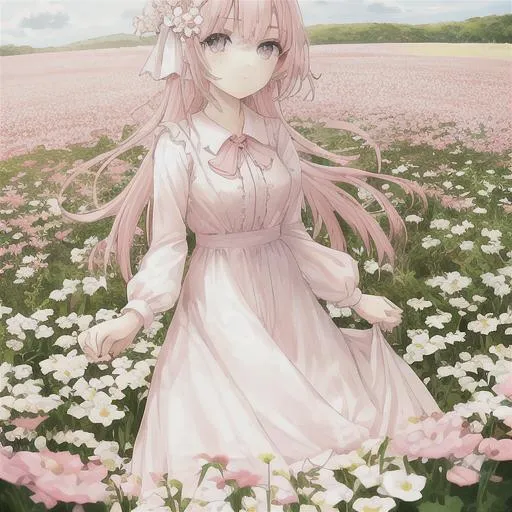 Prompt: light pink haired girl with beautiful eyes
pink and white dress
in a flower field