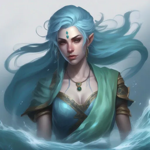 Prompt: dnd a female genasi with pale blue skin and dark blue and green hair flowing water