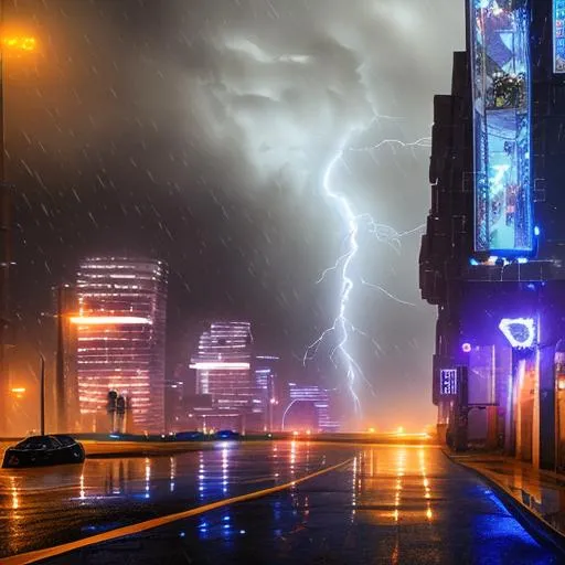 Prompt: cars road, heavy rain, thunderstorm and lighting, empty street, eerie, hyper detailed, illustration, 4k 8kstreet in suburb, affluent neighborhood, rain, summer, Los Angeles