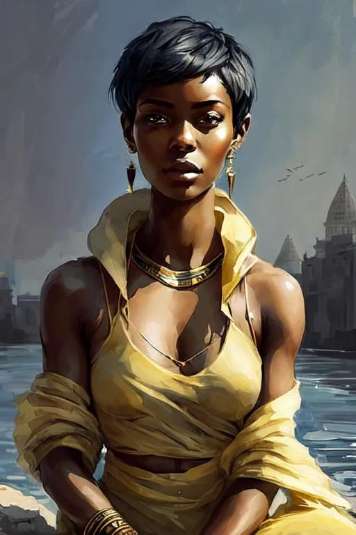 Prompt: a woman, depicted as a young woman with ebony skin, pixie cut, adorned in modest traditional Egyptian attire. She exudes strength and determination, her eyes reflecting a sense of resilience. she sits by the river nile looking ethereal, around the her are ethereal figures of Egyptian gods and goddesses ,The gods stand as guardians and guides, each radiating their unique aura and holding their sacred symbols, The figures of Anubis, Bastet, and Horus, among others, lend a touch of mysticism to the composition,

A subtle golden border frames the artwork, adding a touch of regal elegance to the cover design, The background showcases the sprawling golden sands of the desert, stretching far into the distance under a radiant sun setting over the horizon. The warm hues of orange and amber bathe the scene in an enchanting glow, evoking a sense of timeless magic.

In the foreground, towering pyramids rise majestically, their triangular silhouettes reaching towards the heavens. Each pyramid bears intricate hieroglyphics, telling stories of ancient pharaohs and gods. The pyramids cast elongated shadows that add depth and mystery to the composition.


the essence of ancient Egypt, combining elements of mythology, adventure, and the power of destiny. 





,Dreamy ambiance, epic proportion, epic composition, 2D illustration, 2D vector art, 2D digital painting, 2D flat color, 2D art, vibrant color, contrast, detailed brush stroke, detailed digital illustration, cinematic lighting, volumetric lighting, iridescent lighting reflection, reflection, beautiful shading, ray tracing, symmetrical, professional illustration, HD, UHD, 64K, 
Model: Anything V4