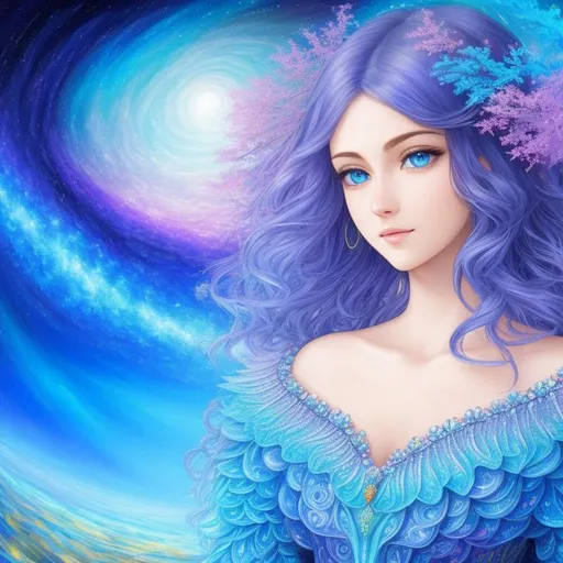 Prompt: full color julia clusters Fractal exists in the background knowledge of the river on full color fractal Formula: (z² + c + (z² + c)) / (3z³ + c)  foreground knowledge of the world, a full body beautiful woman, very detailed beautiful blue eyes,  very detailed beautiful face, Best looking big-breasted woman in the world, bright brown long balayage hair, with perfect composition, insanely detailed, highly detailed, good quality full HD, brown skin, a sharp small nose, a black transparent hijab, NFSW, brown eyes, a modest long full-sleeved dark dress, concept art, fantasy