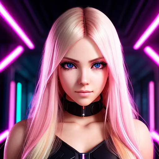 Prompt: Cute symmetrical cyberpunk girl, pink eyes, long blonde hair, empty room background, portrait, downward angle, highly detailed, photo realistic, realistic, backlit lighting, 8k,