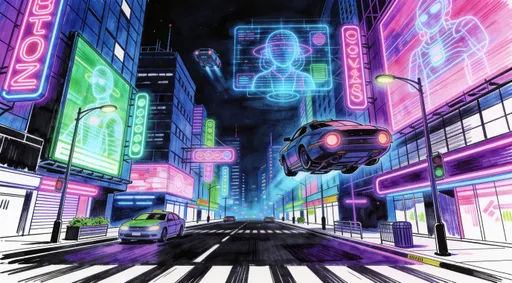 Prompt: the night city streets, sci-fi, markers drawing, higly detailed, precise clean lines, vibrant dark colors