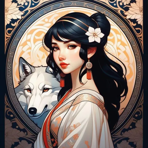 Prompt: Full body portrait of cute wolf girl, Asena, black hair, pale skin, Turkish mythology, intricate, detailed face. by Ilya Kuvshinov and Alphonse Mucha.