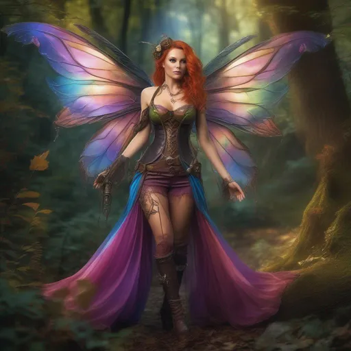 Prompt: Epic. Cinematic. Shes a (colorful), Steam Punk, gothic, witch. spectacular, Winged fairy, with a skimpy, (colorful), gossamer, flowing outfit, standing in a forest by a village. ((Wide angle)). Detailed Illustration. 8k.  Full body in shot. Hyper real painting. Photo real. An (extremely beautiful), shapely, woman with, ((Anatomically real hands)), and (vivid), colorful, (bright eyes). A (pristine) Halloween night. (Concept style art). 