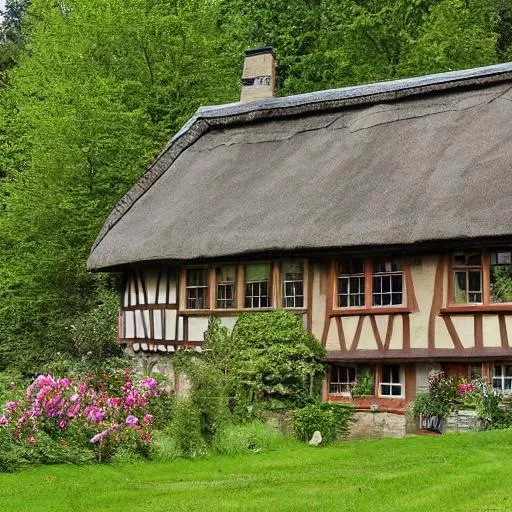 Prompt: A half timbered cottage in a forest with bay windows and large rose garden, mountain view 