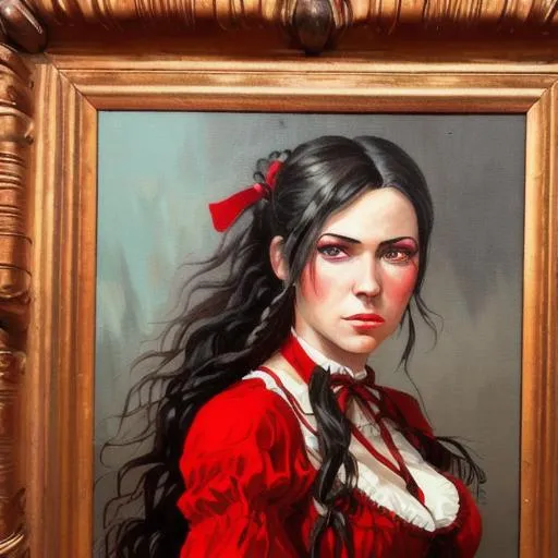 Prompt: Painting of a wild west saloon girl with dark hair and light eyes wearing a red dress