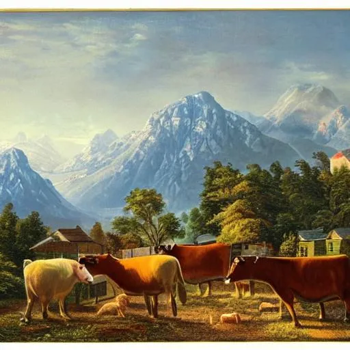 Prompt: mountain scene with glittering lights and farm animals