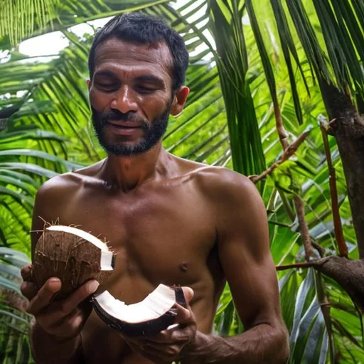 Prompt: Jungle man eating coconut