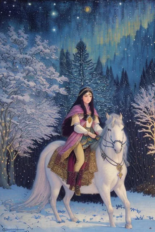 Prompt: Inlay Aubusson tapestry: a winter enchanted beautiful princess and her white horse, a whimsical village landscape background under a beautiful twilight night sky art by Carlos Schwabe, Edmund Dulac, Iris Scott, John Lowrie Morrison, Thomas Edwin Mostyn, Gustav Klimt, John Piper, William Timlin, John Bauer. 3/4 portrait, beautiful pastel aquarelle colours, crispy quality, cinematic smooth, polished finish, high quality, very clear resolution, blue, gold and rose tones, metallic glow