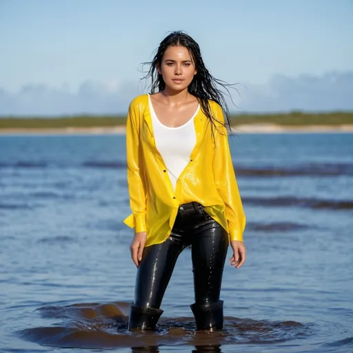 Prompt: Generate a photo of a young woman, wearing a  black thigh-length boots, white jeans, yellow long-sleeved shirt,  standing in the sea. She is enjoying being in her wet clothes, water dripping from her clothes, which are stuck to her body.  The image should show detailed textures of the wet fabric, a wet face, and plastered hair. The overall effect should be shiny and wet, with professional, high-quality details and a full body view.