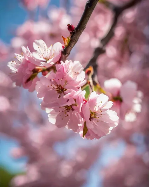 Prompt: Vibrant pink cherry blossoms in full bloom against a clear blue sky. Delicate petals and flowers are in sharp focus showcasing fine details and textures. Shallow depth of field creates a soft bokeh effect on the green grass and trees in the background. Warm spring sunlight filtering through the canopy of branches creates a bright, cheerful mood. Shot with a Nikon Z7, 85mm prime lens at f/1.8.