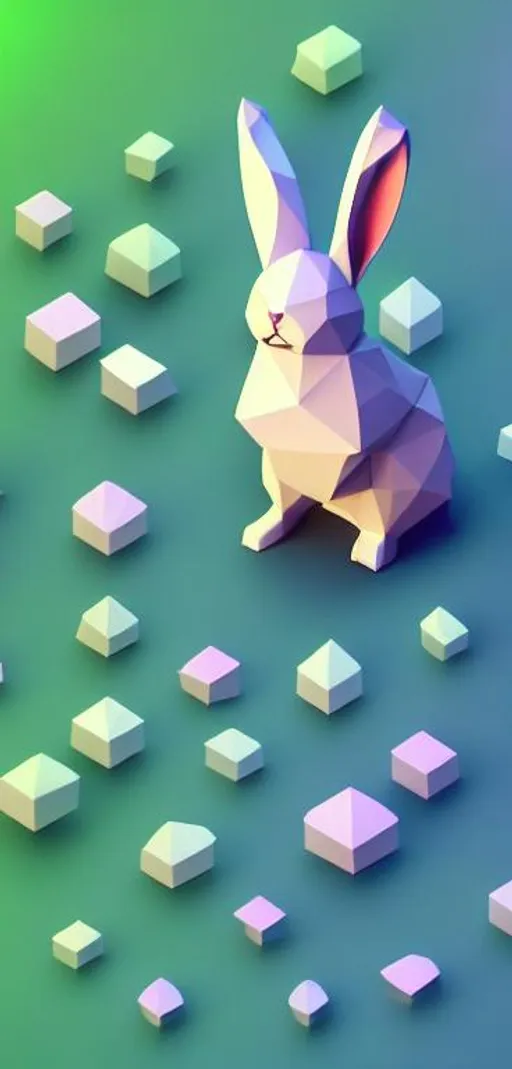 Prompt: happy, kawaii low poly rabbit character in center, 3d isometric render, ambient occlusion, unity engine, pastel colors, soft nebula of green and blue in background