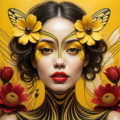 Prompt: (art masterpiece) Surreal portrait, beautiful and attractive woman, face and body crafted from yellow and black lines resembling a bee pattern, large striking red lips, adorned with vibrant yellow decorations and flowers, ethereal ambiance, intricate details, dreamy background, expressive and captivating vibe, warm color tones, high depth, ultra-detailed, visually stunning.