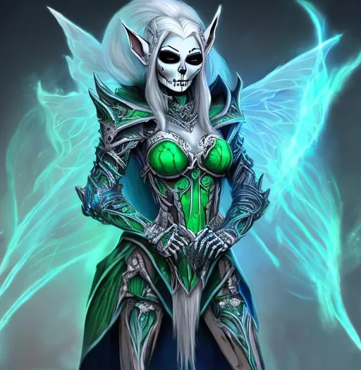 Prompt: Skeleton elf woman 🧝‍♀️ blue and green full set armor 