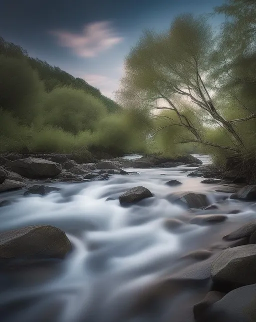 Prompt: Equipped with a neutral density filter, the photographer captures a serene scene of a river, its waters appearing smooth as silk, while the sky carries an ethereal charm during a long exposure.