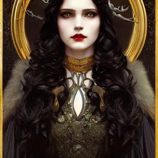 Prompt: Snow White as a vampire queen, long curly hair, intricate, elegant, highly detailed, extremely detailed face, HD, digital painting, smooth, sharp focus, illustration, art by greg rutkowski and alphonse mucha and John William Waterhouse, dark, eerie, gothic, creepy, horror