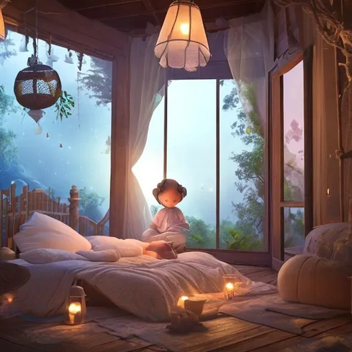 Prompt: Now it's bedtime, all is calm and sweet,
In a cozy room with dim moonlight's feat,
A child sleeps, dreams of adventures in retreat,
Drifting away to a rhythmic beat.