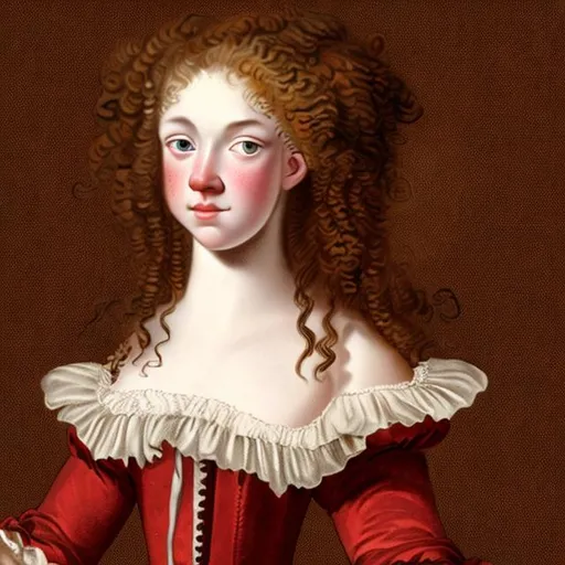 Prompt: Young woman in 18th century,red curly long hair with amber eyes, pale skin, with freckes, chubby face
Dressed with 1760 gown
 