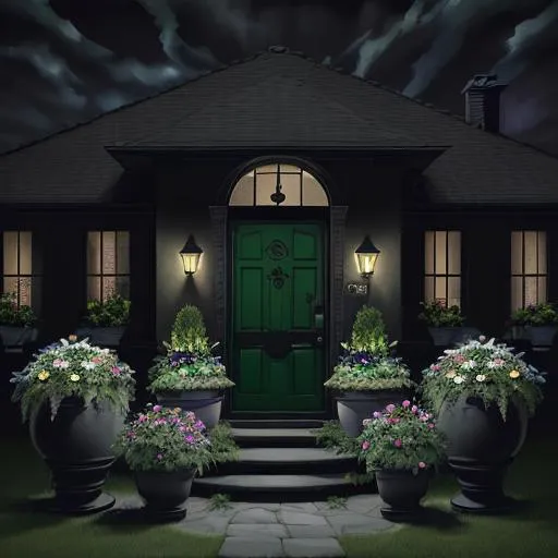 Prompt: night-time, black, garden, multicolored flowers, flower pots, pots, planter boxes, entryway, dark sky, dark clouds, 
very soft █►green◄█ theme, dark shadows, dark walls, dim lights, (some cyan small things:0.8), 
♦♦ doorstep, letterbox, front porch, porch, foyer, stool, garden bench, butterflies, bees, flowers, watering can, garden tools, hair flower, hair ribbon, pail, 

■■ {{{{best quality, 8k resolution photography, artistic photography, photorealistic, masterpiece}}}}, 