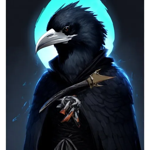 Prompt: A dnd crow person with black and white feathers wearing a black cloak