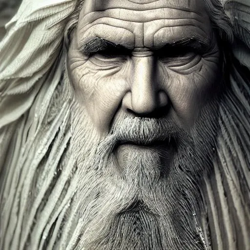 Prompt: high quality, photorealism, Zeus  textured wrinkled skin, long white hair grizzled, flowing white beard, Father God, sharp nose, all white eyes, and a wise expression, weathered and rugged, powerful,  dressed in a long flowing white robe adorned with intricate silver embroidery,  simple leafy green grown, standing with surging bright thunder blast bult in hand.