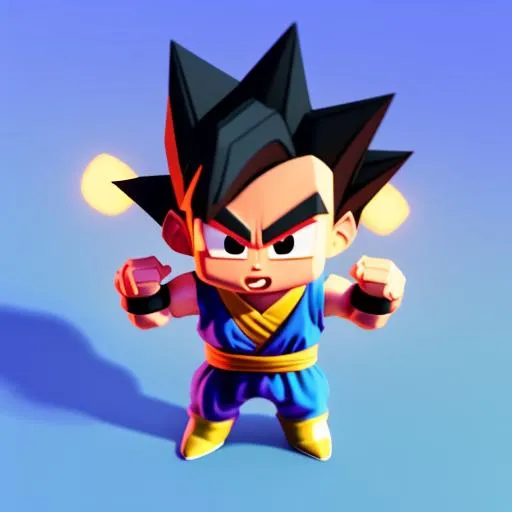 Prompt: Tiny angry isometric super saiyan 3, soft smooth lighting, with soft colors, 100mm lens, face in focus, 3d blender render, trending on polycount, modular constructivism, blue background, physically based rendering, centered.