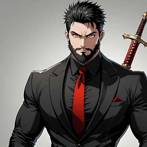 Prompt: red eyes, black short hair, male, muscular, black short beard, black suit, sword