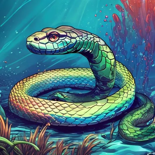 Prompt: 
Ginormous Rainbow snake submerges itself into a deep river (in recovery, resting) underwater while laying down cartoony
