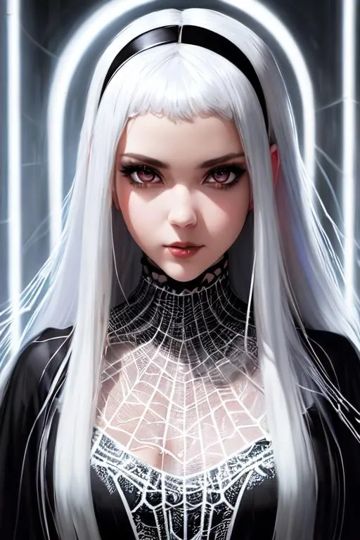 Prompt: White spider, young pale skinny white girl, (Black background), white hair, spider and webs, webs intigrating into hair, full body, cover, choker, hyperdetailed painting, luminism, Bar lighting, complex, 4k resolution concept art portrait by Greg Rutkowski, Artgerm, WLOP, Alphonse Mucha, little fusion pojatti realistic goth, fractal isometrics details bioluminescens : a stunning realistic photograph 30 years