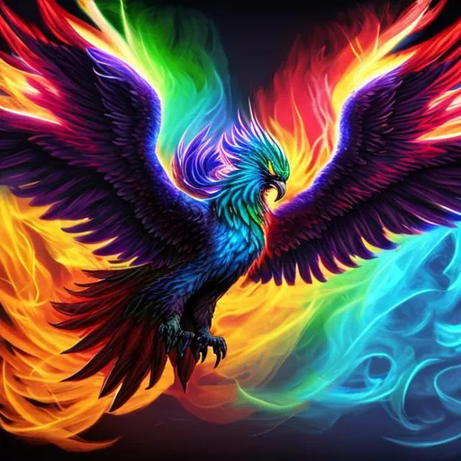 Prompt: Rainbow phoenix rising, chest up and wings out, black flames background