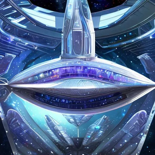 Prompt: Bio-Space ship of metallic flesh, crystal form, space whale, symmetrical , in the style of startrek, realistic, zoom out,  theatrical splash panel, space battle, fleet battle