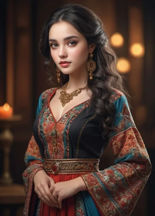 Prompt: (Beautiful girl), stunning facial features, beautiful eyes, black wavy hair, western dress, cultural attire, intricate design, traditional beauty, elegant pose, vibrant colors, 3D rendering, professional lighting, high quality, ultra-detailed, photorealistic, masterful composition, vivid and dynamic colors, captivating beauty, professional quality.