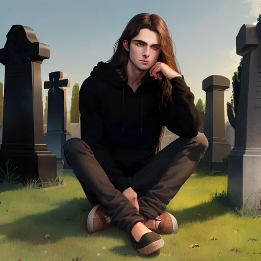 Prompt: Draw an image of a man with long dark brown hair, green eyes, a black hoodie, toms shoes on, with black skinny jeans sitting in a cemetery.
